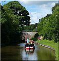 Narrowboat approaching Meaford Lock Bridge No 98 in ST15 8UZ