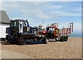 Evicted Lifeboat and tractor stationed on the beach in CT14 7TB