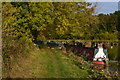 Moored narrowboats on wide section of Kennet and Avon Canal in SN9 5NS