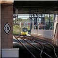 Tram approaching Manchester Airport station in M22 1PU