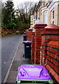 Purple lidded wheelie bins, Snatchwood Terrace, Abersychan in NP4 6RR