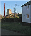 West Wratting: sunlit tower and shadowed lane in West Wratting