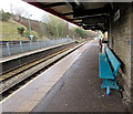 Turquoise bench on Bargoed railway station in CF81 9DQ