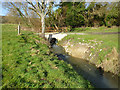 Farm bridge over stream below pond near Wyck in GU34 3AU