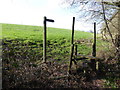 Footpath crosses stile to leave woodland in RH17 6EZ