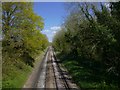 Looking north along railway from Hackenden Lane bridge in RH19 3DW