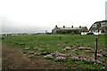 Sea pinks and houses in west Street, Selsey, from the clifftop path in PO20 9BY
