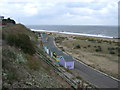 Beach huts and beach, Pakefield, Lowestoft in NR33 7AU