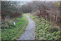Downhill footpath below football pitch, Cefn Forest in NP12 1DE