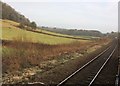 View from a Cardiff-Swansea train - fields near Pencoed in CF35 5LJ