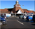 Tesco superstore entrance and clock tower, Hereford in HR2 7UT