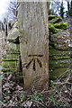 Benchmark on wooden gatepost beside minor road NW of Shilton in OX18 3PA