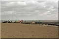 Nine sailing dinghies on a slipway by the Thames estuary at Southend in SS1 2ER