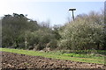 Hedgerow beside ploughed field at end of electricity line in RG8 0UA