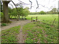 Stile on footpath seen from unofficial track in RH5 5HY
