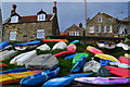 Dinghies and cottages, Runswick Bay in TS13 5JF