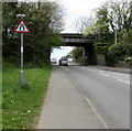 Warning sign - road narrows, Cowbridge Road, Bridgend in CF31 3TB
