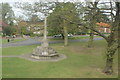 View of the war memorial on The Green from the upper deck of the Routemaster bus in CM16 5BH