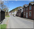 Riverbank road towards the centre of Llangammarch Wells, Powys in LD4 4BT
