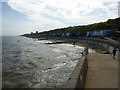 Beach, groynes and beach huts south of Sandy Hook Breakwater in CO13 0BN
