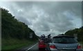 Traffic queueing on the A30, west-bound, approaching the St Ives junction in TR27 5JS