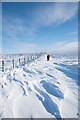 Sculpted snow, fence, hill walker and trig point in DL13 2YX