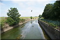 View up the River Lea from the footbridge in the Walthamstow Wetlands in E17 5QA