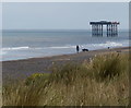 Dog walker on the beach at Sizewell in Sizewell