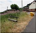 Wooden bench and yellow grit box, Ogilvie Terrace, Deri in CF81 9HW