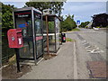 Post box, phone box, bus stop, rubbish bin, at Barbaraville in IV18 0NB