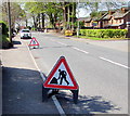 Temporary road signs, Henfaes Road, Tonna in SA11 3EU