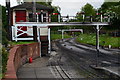 Signal box and gantry at Kingsmere Station, Moors Valley Railway in BH24 2ET