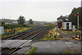 Railway yard and signal box viewed from north end of Barrow Station in LA14 5UG
