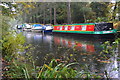 Moored narrowboats at Mytchett in GU16 6BT