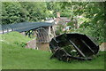 Coalport Bridge (weight restricted) & derelict boat in TF8 7JB
