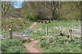 Gate at footpath junction by river in LD3 7HG