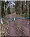 Barrier across an entrance to a Natural Resources Wales site near Hendre in NP25 5SX
