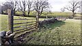 Gateway in dry stone wall between fields beside footpath east of Highfield in Nether Denton