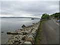 Road (A880), pier and shoreline of Loch Long, Blairmore in PA23 8TG