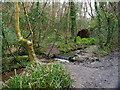 A woodland stream, with a small weir, Nance Woods in TR16 4QX