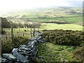 Ruins of a dry stone wall on Moel yr Accre in LL15 2HW
