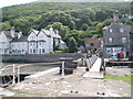 View back across the bridge to the shops at Porlock Bay in TA24 8PE