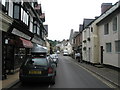 Looking down Porlock High Street towards St Dubricius in TA24 8QB