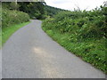 Country road approaching a wooded escarpment in LL58 8LN